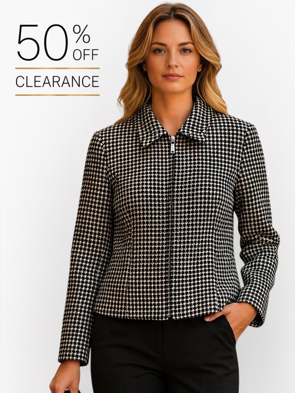 Vintage Stylish Black and Tan Houndstooth Blazer